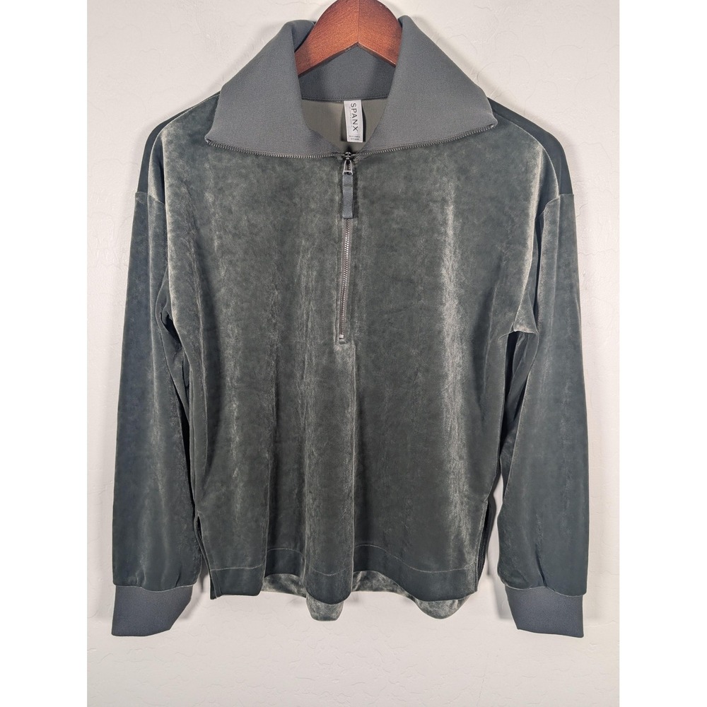 Spanx Pullover Womens Small Green Half Zip Velour Mock Neck Sales Sample Top